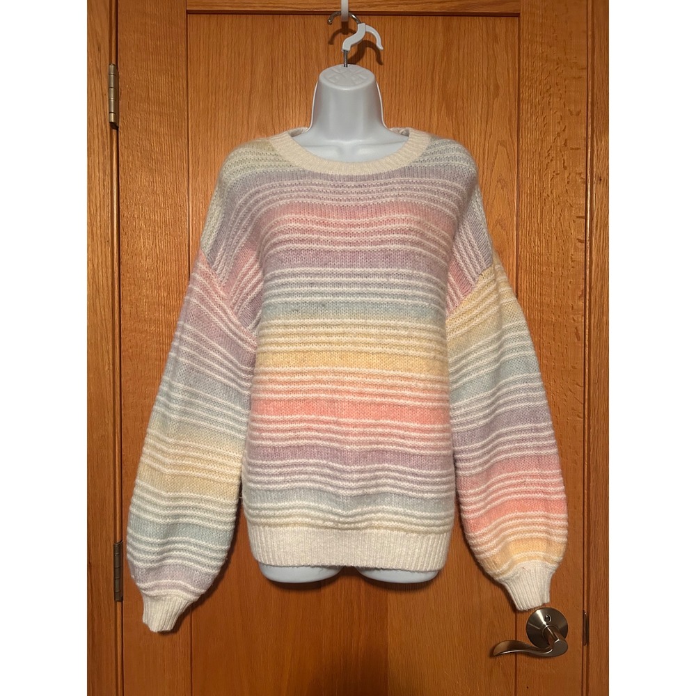 Allie Rose Pastel Striped Women's Oversized Sweater Size Large Balloon Sleeves